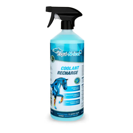 Blue translucent equi-n-ice bandage coolant spray bottle with black trigger for drawing heat and icing applications