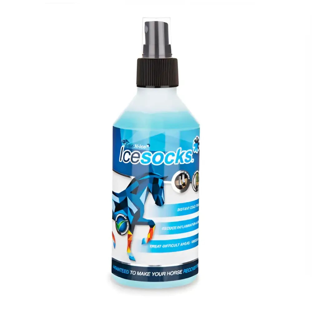 Blue and white labeled Equi-N-Ice coolant spray bottle with black nozzle for horse cooling and ice socks coolant use