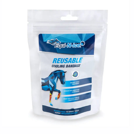 Equi-n-ice cooling bandages reusable in a white resealable pouch with blue and black branding for icing applications