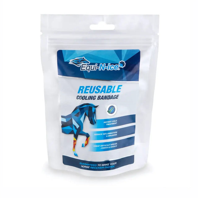 Equi-n-ice cooling bandages reusable in a white resealable pouch with blue and black branding for icing applications