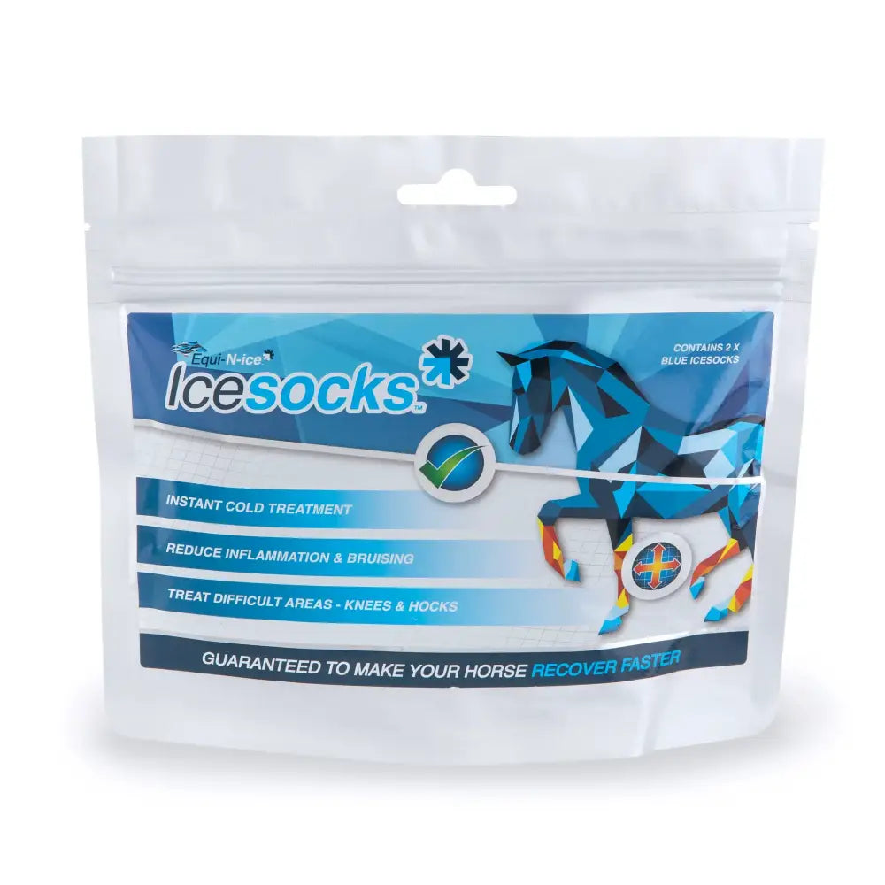 Blue geometric horse-shaped reusable equi-n-ice ice socks in clear packaging for post work cooling and instant cold treatment