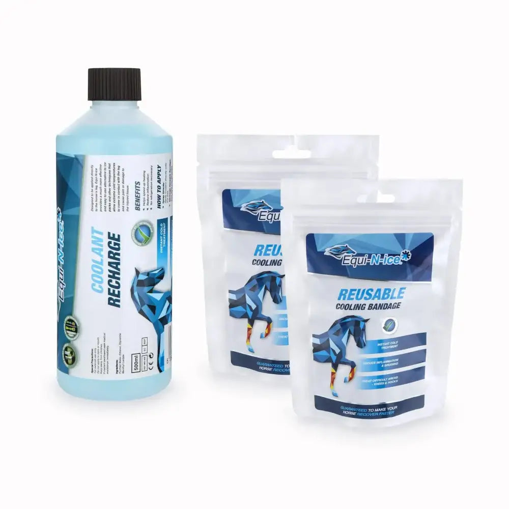 Light blue liquid bottle with black cap and cooling bandages in white pouches for equi-n-ice stable pack icing applications