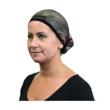 Black mesh equi-net hair nets with elastic band and single sewn join showing equi-net features for secure fit