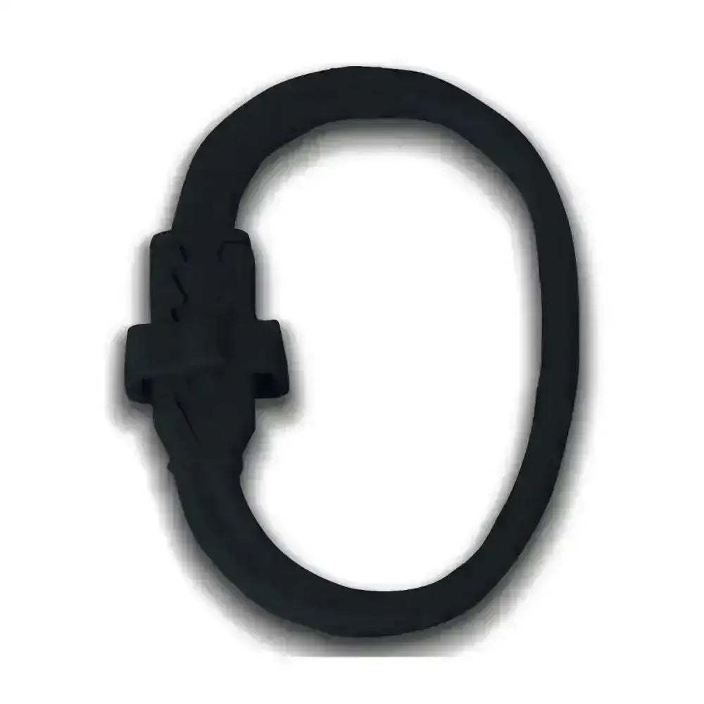 Black silicone equi-ping safety release wristband with cross-shaped clasp and metal tethering ring for quick release method