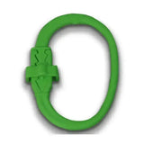 Bright green silicone wristband with textured interlocking clasp featuring equi-ping safety release quick release method