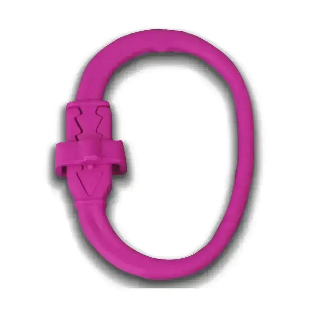 Bright pink silicone equi-ping safety release wristband with molded clasp and metal tethering ring for quick release method
