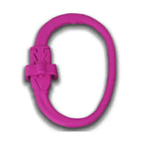 Bright pink silicone equi-ping safety release wristband with molded clasp and metal tethering ring for quick release method