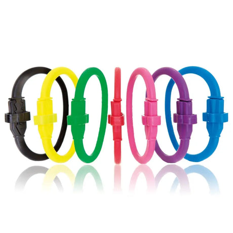 A set of colorful flexible plastic wristbands for equi-ping safety release with metal tethering ring and quick release method
