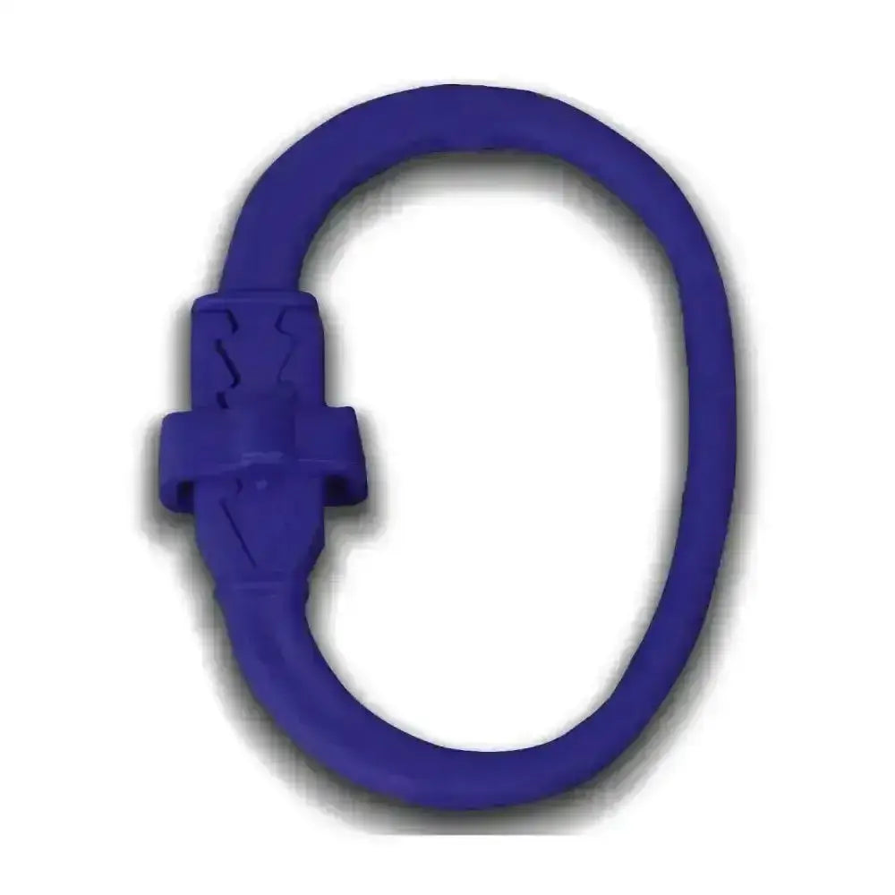 Purple silicone o-shaped wristband with textured clasp for equi-ping safety release quick release method and metal tethering ring