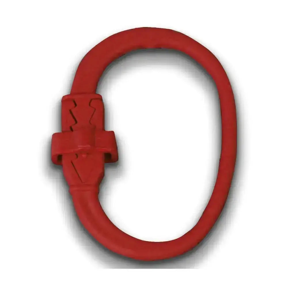 Red rubber equi-ping safety release with o-shaped loop and molded clasp for quick release and metal tethering ring use