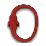 Red rubber equi-ping safety release with o-shaped loop and molded clasp for quick release and metal tethering ring use