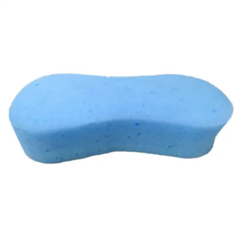 A light blue rectangular equi-sential expanding sponge with rounded edges for grooming horses and equestrian use