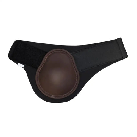 Black elastic fetlock boots with brown leather-like stitched pad for equestrian horses by Equi-Sential