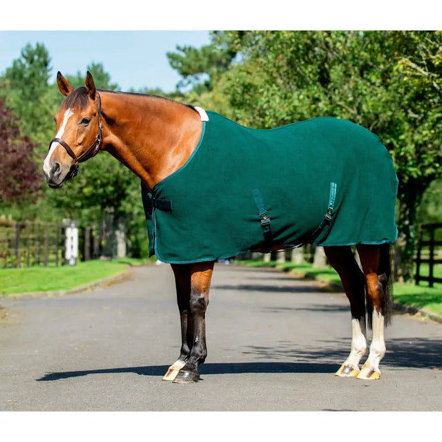 Deep green equi-sential fleece cooler with white trim and black straps made of quality anti-pill fleece for horses
