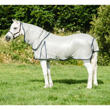 Silver mesh equi-sential fly rug with black trim and shoulder gussets for equestrian fly protection