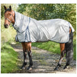 Silver mesh equi-sential fly rug with dark blue trim and shoulder gussets for equestrian insect protection