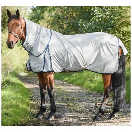 Silver mesh equi-sential fly rug with dark blue trim and shoulder gussets for equestrian insect protection