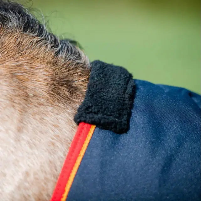 Navy blue equi-sential standard neck medium weight turnout rug 200g with black fleece collar and red trim