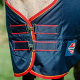 Navy blue equi-sential standard neck medium weight turnout rug 200g with red yellow trim and adjustable straps