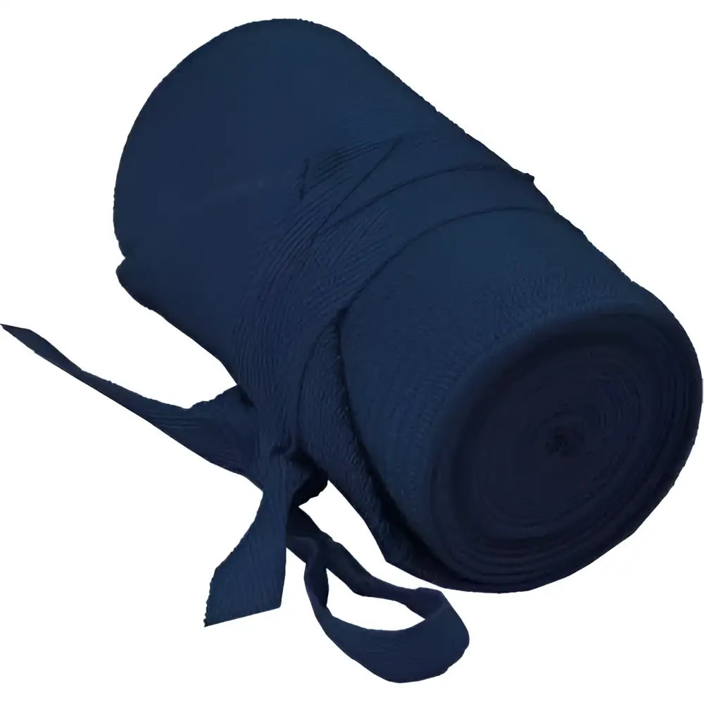 Dark blue woven fabric equi-sential tail bandage rolled and tied with a matching strap for secure use
