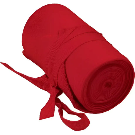 Red knitted tail bandage tied with a matching ribbon from equi-sential tail bandage collection