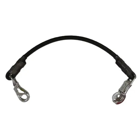 Black fabric equi-sential trailer tie safety harness lanyard with metal carabiner and snap hook for equestrian use