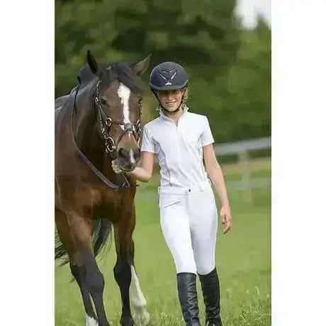 Black equestrian helmet with subtle logo front view matching equi theme belstar sydney ribbed breeches