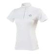 White competition polo shirt with silver zipper lace collar and embroidered equi theme couronne crown logo on chest