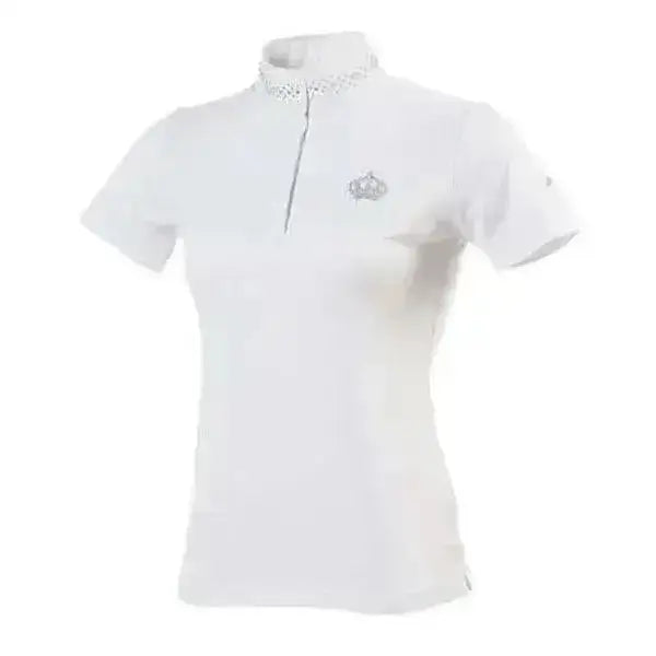 White competition polo shirt with silver zipper lace collar and embroidered equi theme couronne crown logo on chest