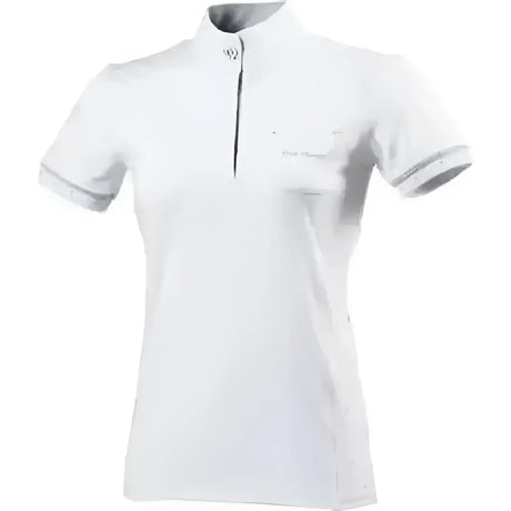 White short-sleeved equi theme cristal polo shirt with gray collar trim and zipper pull from shop soiled riding apparel