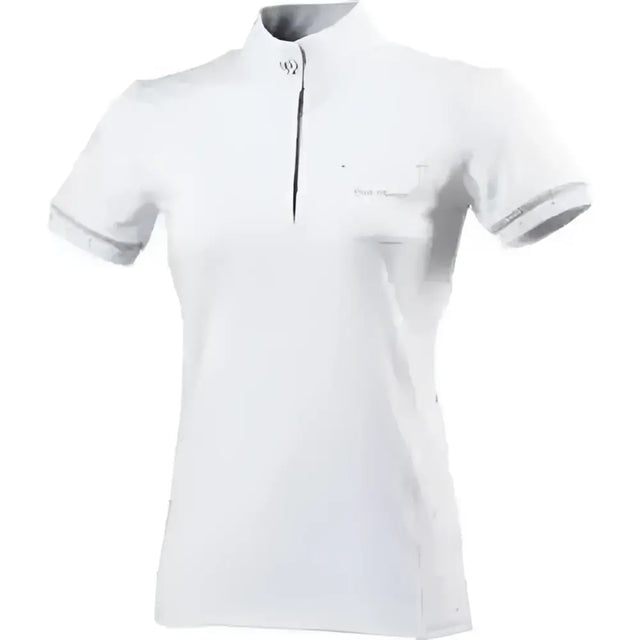 White short-sleeved equi theme cristal polo shirt with gray collar trim and zipper pull from shop soiled riding apparel