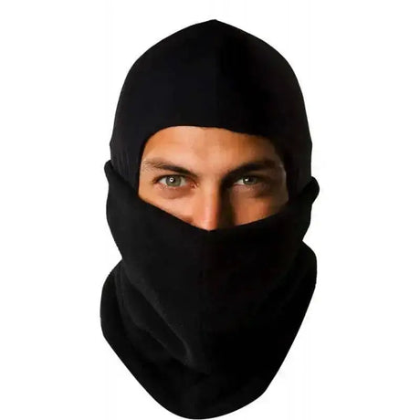 Black fleece equi theme nylon polar balaclava with snug fit and extended neck coverage for winter protection made
