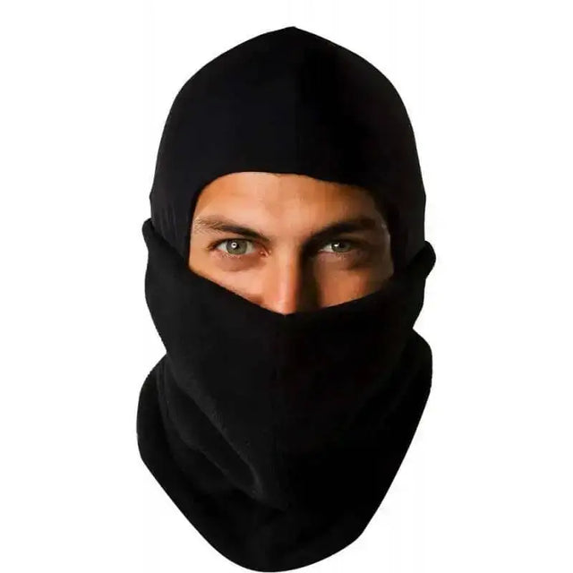 Black fleece equi theme nylon polar balaclava with snug fit and extended neck coverage for winter protection made