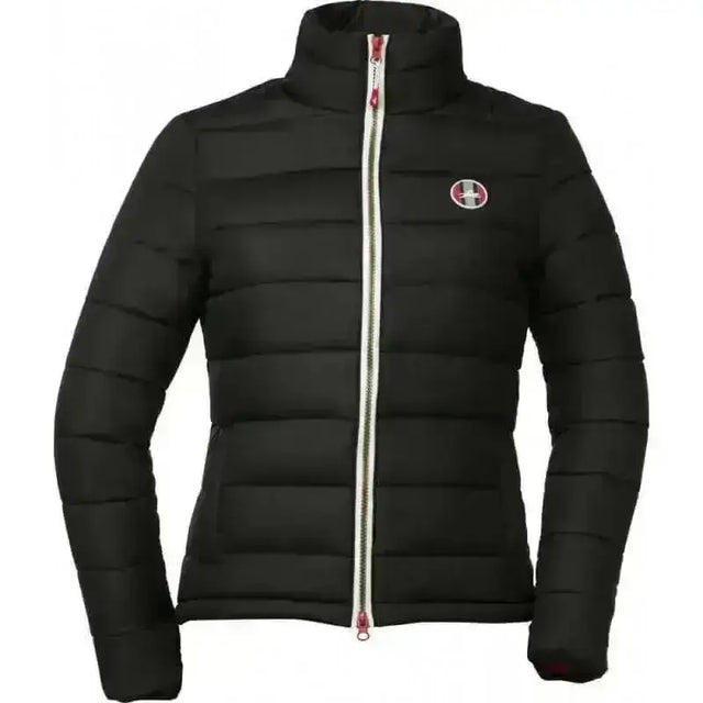 Black quilted equi theme padded childrens riding coat with high collar red zipper accents polyester windbreaker jacket