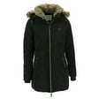 Black equi theme padded winter parka with fur-lined hood and front zipper perfect for repellent riding coats use