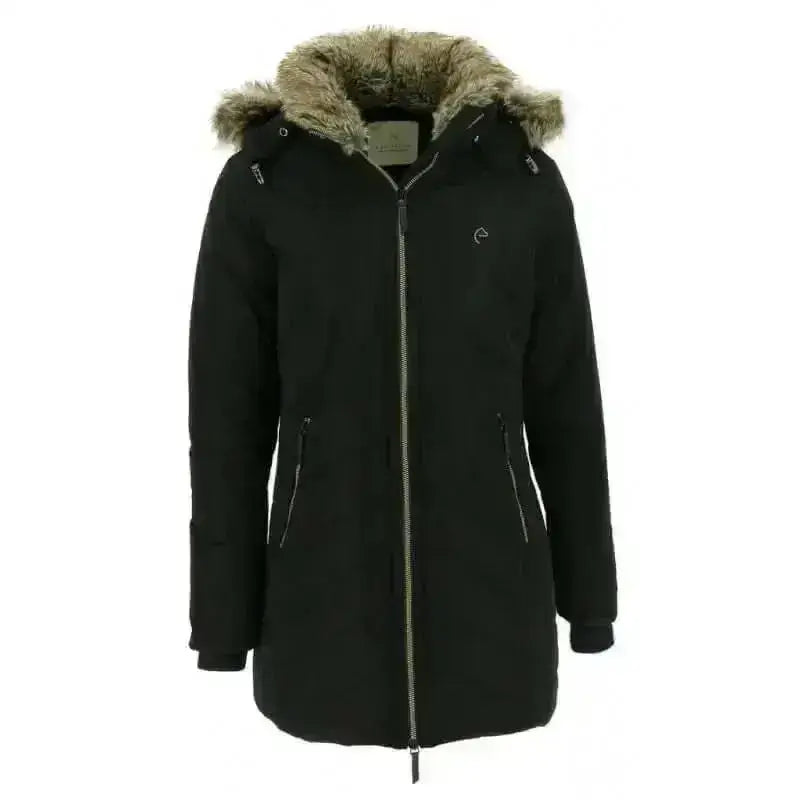 Black equi theme padded winter parka with fur-lined hood and front zipper perfect for repellent riding coats use