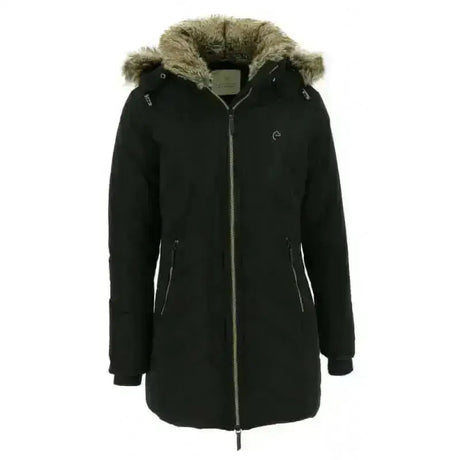 Black equi theme padded winter parka with fur-lined hood and front zipper perfect for repellent riding coats use