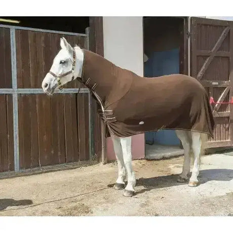 Brown equi theme polar fleece rug combo 230g with white trim and adjustable straps for horse comfort