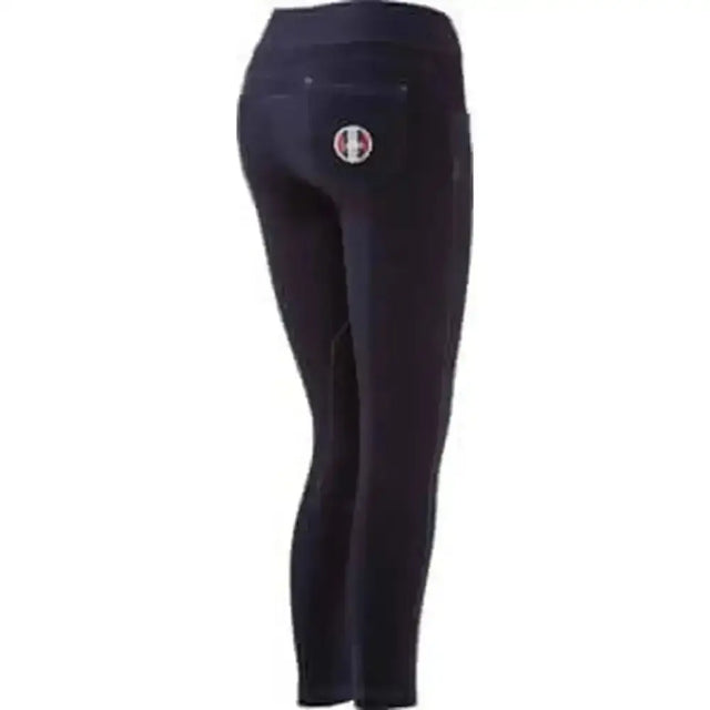 Dark navy blue equi theme pull childs breeches back view with subtle textured fabric and elasticated breeches features
