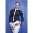 Navy blue equi theme silver stretch cotton shirt with long sleeves high collar featuring zip and white button placket