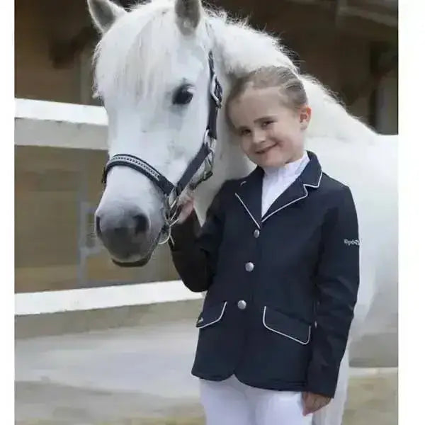 Navy blue equi theme soft childs show jacket with white piping silver buttons made of windproof polyester softshell