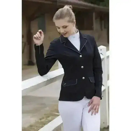 Black equi theme soft classic show jacket with white trim silver buttons windproof polyester softshell material