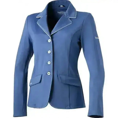 Navy blue equihorse riding jacket with white stitching silver buttons and flap pockets from equi theme soft couture
