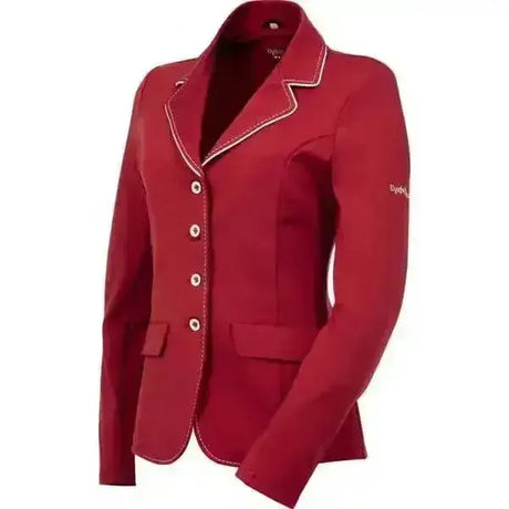 A rich red equi theme soft couture equestrian blazer with white stitching and classic button front design