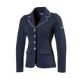 Navy blue equi-theme competition jacket with white piping silver buttons and flap pockets showing elegant tailoring and high tech features