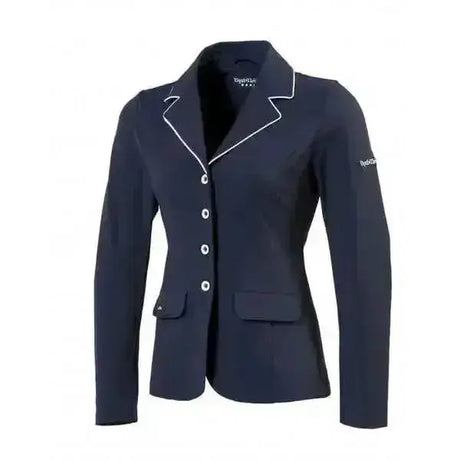 Navy blue equi-theme competition jacket with white piping silver buttons and flap pockets showing elegant tailoring and high tech features
