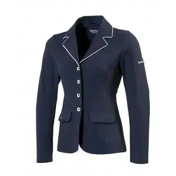 Navy blue equi-theme competition jacket with white piping silver buttons and flap pockets showing elegant tailoring and high tech features