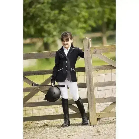 Black equestrian jacket with white trim and silver buttons made from high tech fabric in equi theme softshell design