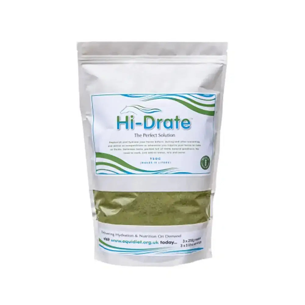 A white resealable pouch of equidiet hi-drate green powder featuring natural ingredients for revolutionary hydration
