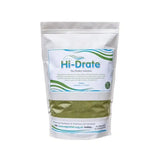 A white resealable pouch of equidiet hi-drate green powder featuring natural ingredients for revolutionary hydration